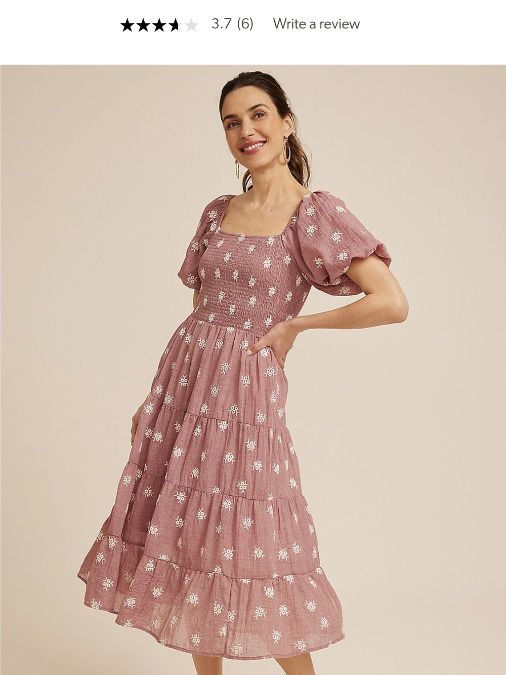 Maurices Dusty Rose Floral Tiered Midi Dress with Puff Sleeves